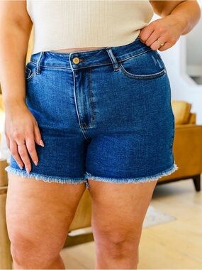 Judy Blue Dark Blue Frayed Hem Denim Shorts